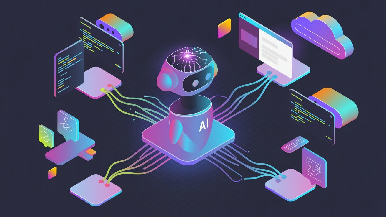 A futuristic illustration of an AI robot connected to floating digital interfaces, symbolizing technology integration. The scene is colorful, dynamic, and innovative.