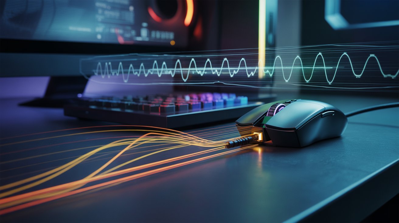 A sleek gaming mouse on a desk connecting to a glowing keyboard. Dynamic, colorful lines and digital waves illustrate data flow, creating a futuristic feel.