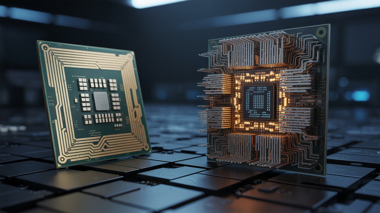 Two computer chips on a reflective surface; one chip glows with orange light, highlighting intricate circuitry, conveying advanced technology.