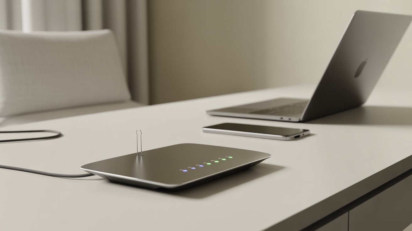 A sleek, modern office setup featuring a laptop, a smartphone, and a wireless router with glowing LED lights on a white desk, conveying a tech-savvy ambiance.