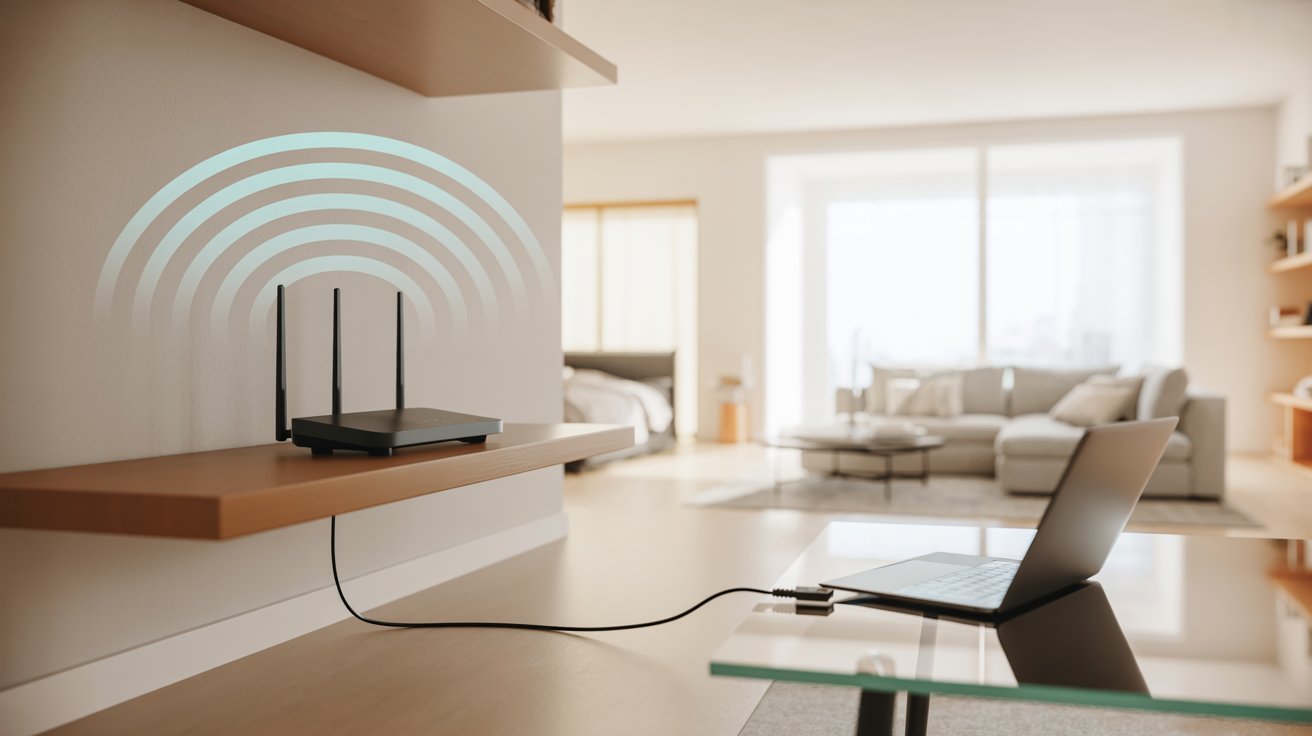 A modern home interior showing a Wi-Fi router on a wooden shelf emitting signal waves. A laptop is connected to it, set on a glass table nearby.