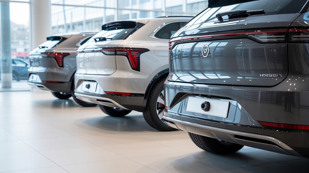 Three sleek SUVs in a showroom display their modern rear designs. The cars are parked in a row, highlighting their glossy finishes and stylish taillights.