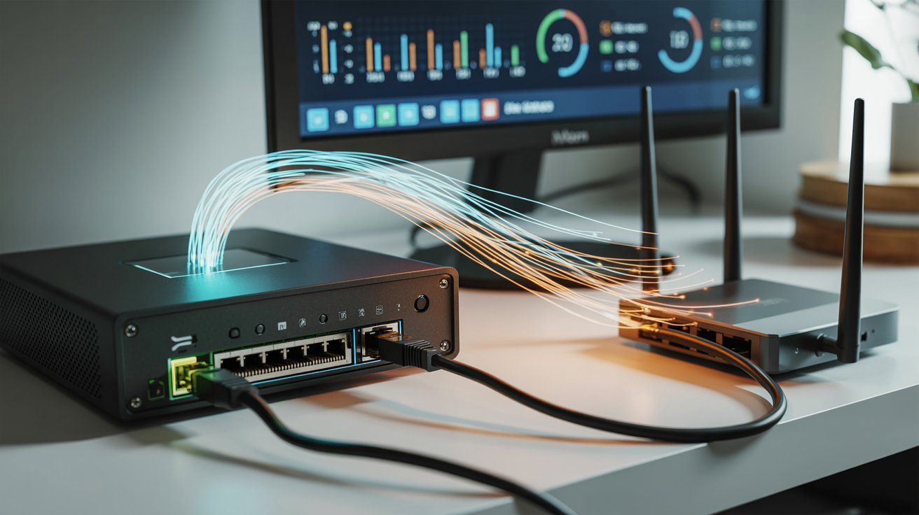 A computer setup shows a digital visualization of data flow between networking devices. Fiber optics glow near routers, with a monitor displaying colorful charts.