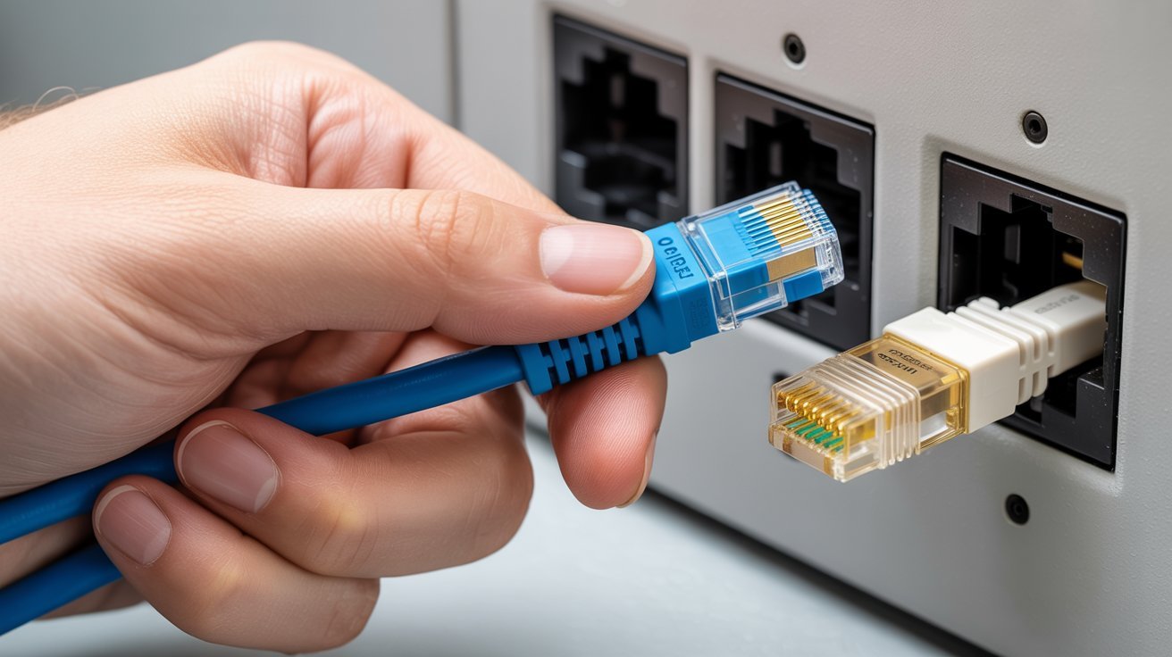 A hand plugs a blue Ethernet cable into a port, next to a beige cable already connected. The setting is a network device, conveying a tech-focused, hands-on tone.