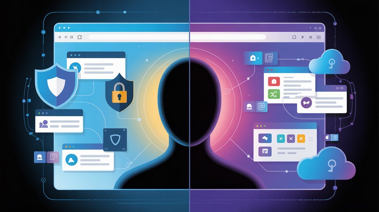 A silhouette divides two browser windows; one side shows security symbols like shields and locks, the other displays cloud icons, apps, and files. The tone suggests digital security versus accessibility.
