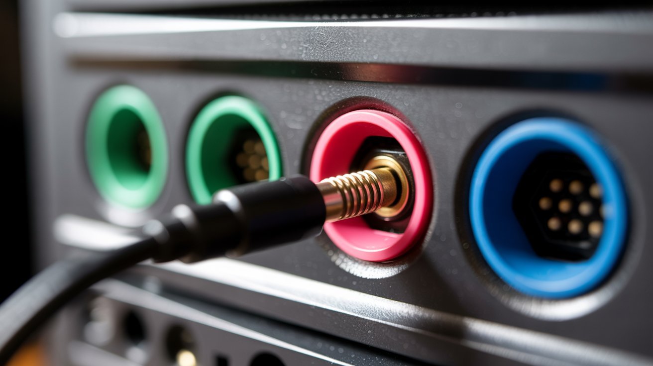 Close-up of an audio jack plugged into a red port on a computer, surrounded by green and blue ports. The image conveys connectivity and technology.