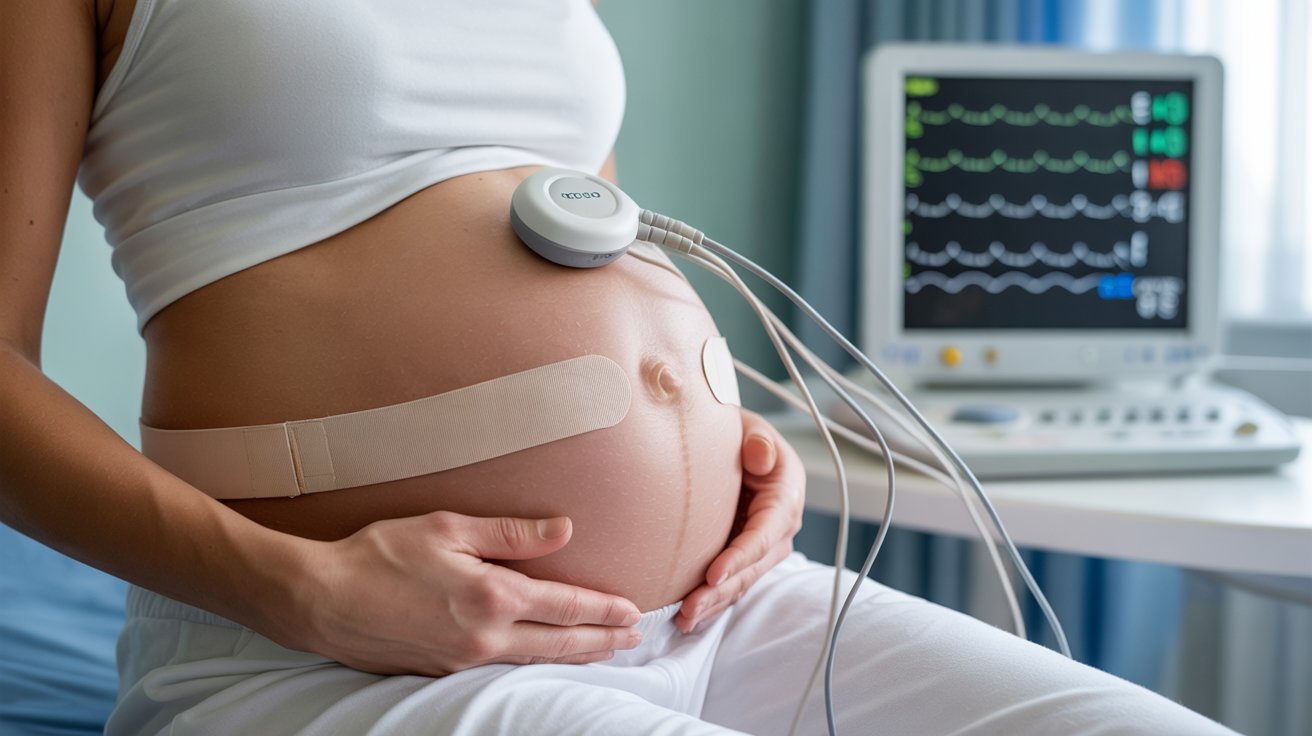 A pregnant woman undergoes a fetal monitoring session, with sensors on her belly connected to a screen displaying heart rate data, conveying anticipation.