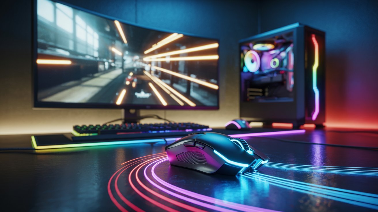 A sleek gaming setup with a glowing mouse, keyboard, and PC. The monitor displays a blurred game scene with streaks of light, creating an energetic vibe.