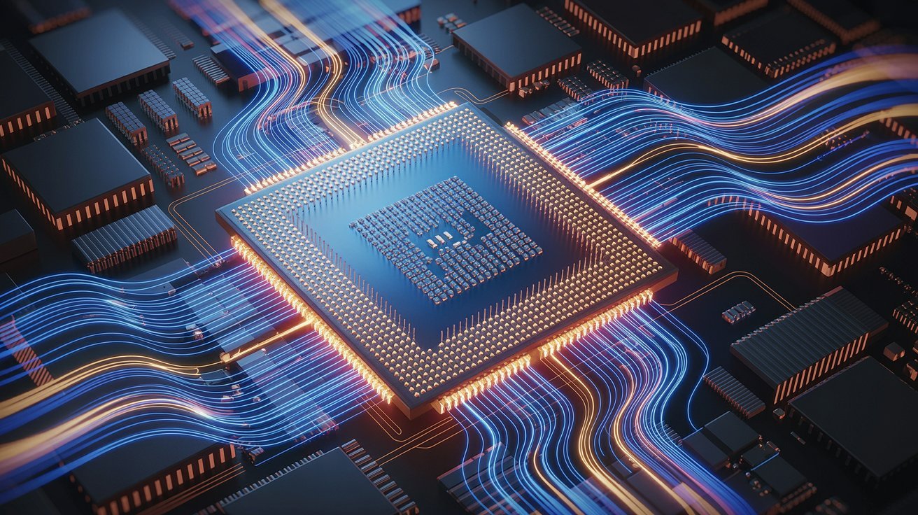 A glowing microchip on a circuit board with blue and orange light trails representing data flow, conveying speed and advanced technology.