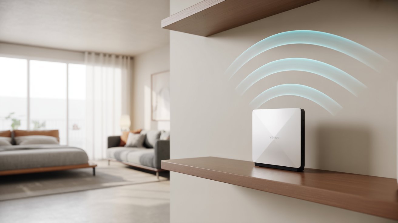 A sleek Wi-Fi router emits glowing blue signals on a wooden shelf in a modern living space with a cozy bedroom and soft natural light in the background.