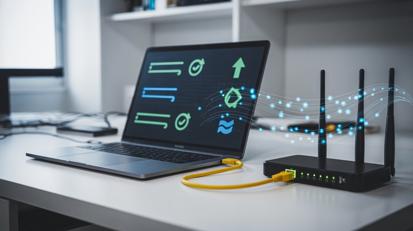 Laptop displaying data transfer icons connected to a wireless router via a yellow cable on a white desk, conveying a tech-savvy, connected ambiance.