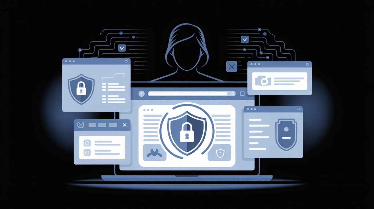 Digital illustration of a person behind a laptop with floating security windows, padlocks, and circuits, conveying cybersecurity and privacy themes.
