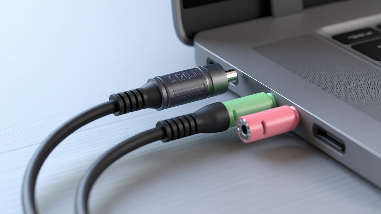 Close-up of audio and microphone jacks connected to a laptop. The black, green, and pink cables are plugged into matching ports on a silver laptop.