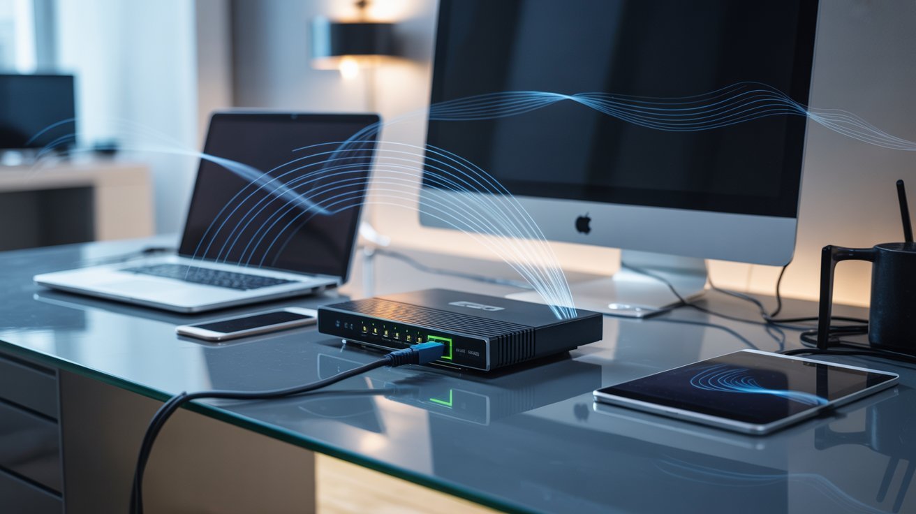 A modern office desk with a router connecting a laptop, desktop, and tablet. Blue wave signals illustrate active data transfer. Sleek and tech-focused.
