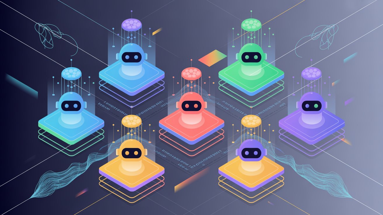 Futuristic image of six colorful robots on digital platforms with circuit designs, symbolizing technology and innovation on a dark gradient background.