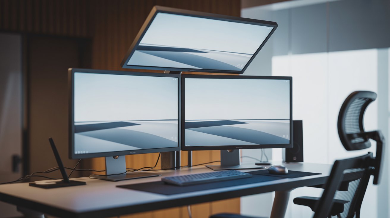 A modern workstation with three monitors, keyboard, and mouse on a sleek desk. An ergonomic chair is nearby, creating a professional and organized setting.