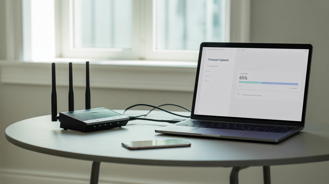 Laptop on a round table displays a firmware update at 65% completion. A Wi-Fi router with three antennas and a smartphone lie beside it. Sunlight from a window.