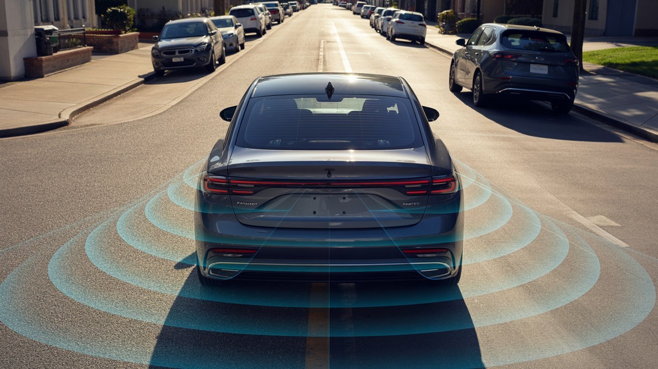 A silver car drives down a sunny street, emitting blue concentric circles representing sensor technology, symbolizing advanced safety features.