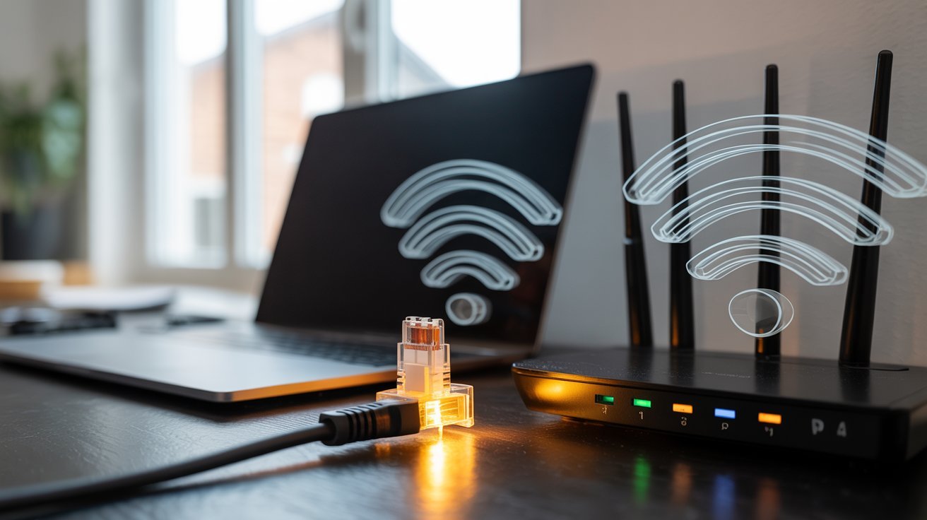 A laptop and a Wi-Fi router with a glowing cable symbolize internet connectivity. Holographic Wi-Fi symbols float above, conveying a tech-savvy ambiance.