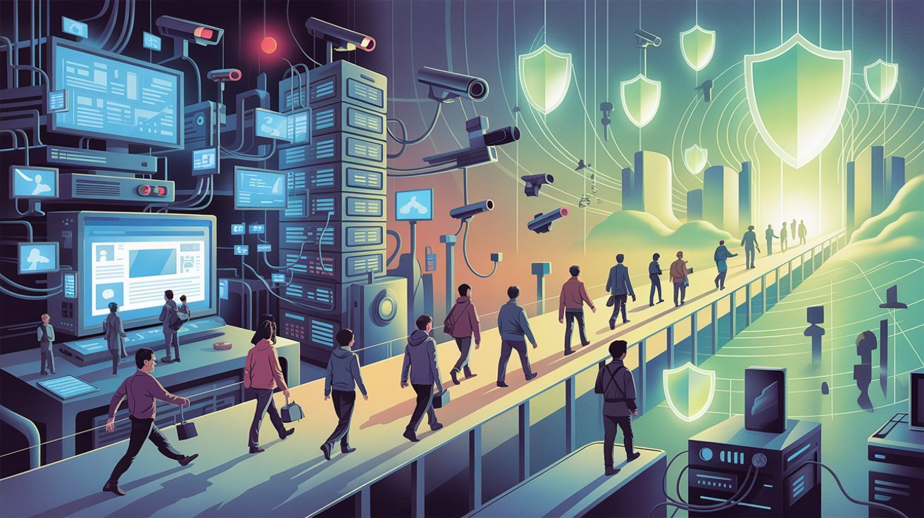 A digital illustration shows people walking on a path surrounded by surveillance cameras and servers. Shields float above, symbolizing cybersecurity. The mood is futuristic and vigilant.