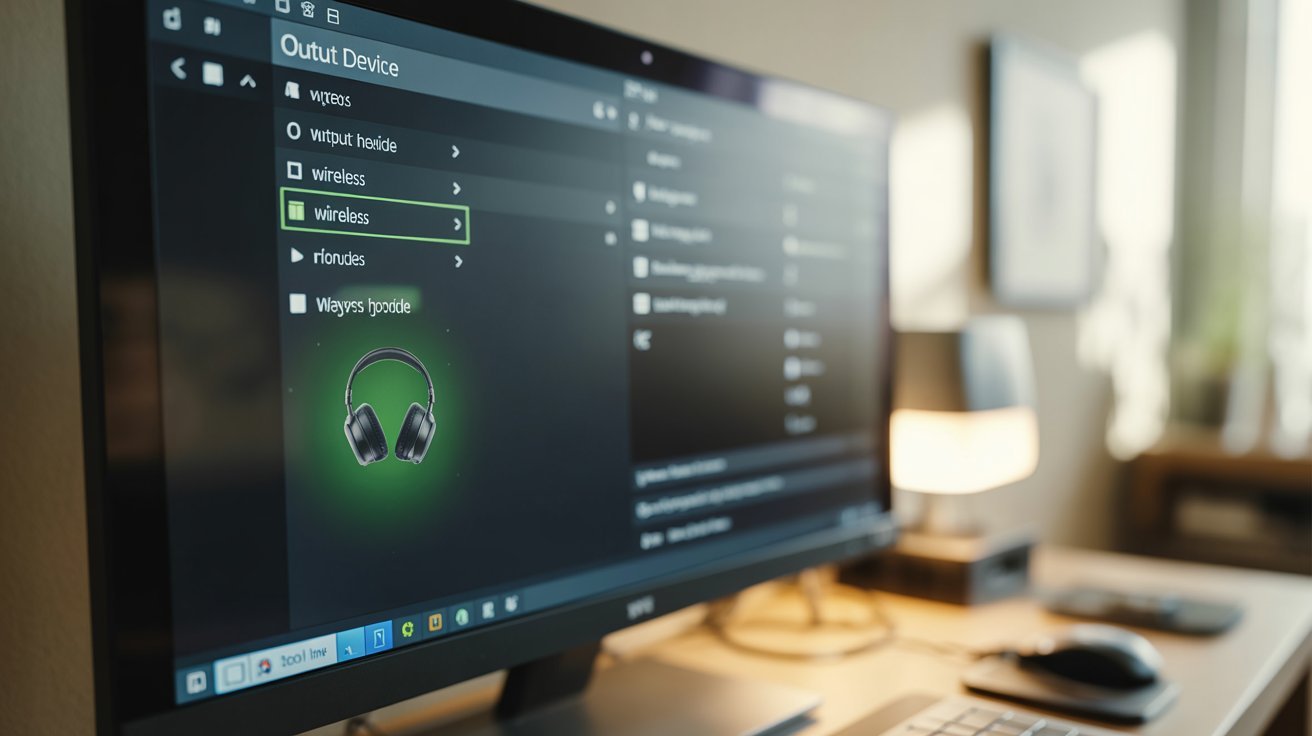 Computer screen displaying audio output settings, focusing on a wireless headphone option. Office desk with keyboard and lamp in the background, creating a tech-savvy ambiance.