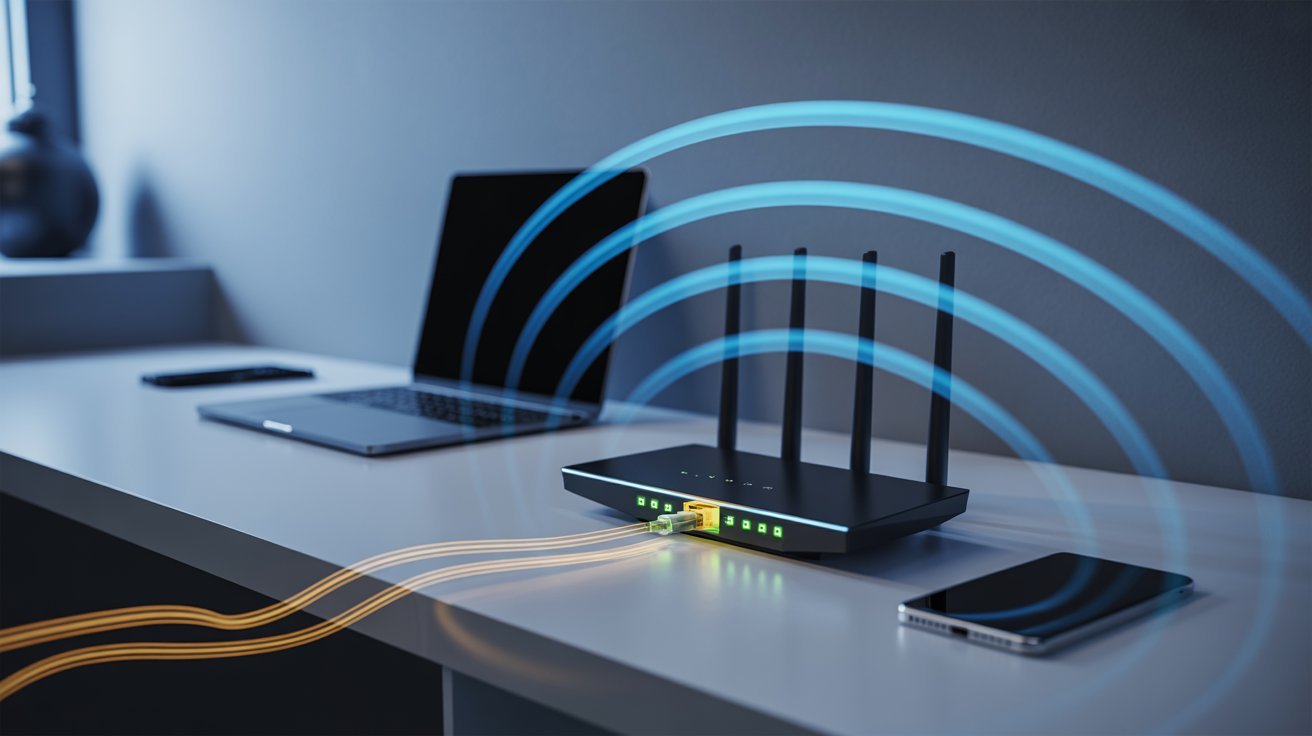 A black router with four antennas emits blue and orange Wi-Fi signals. Nearby, a laptop and smartphone sit on a gray desk, suggesting connectivity.