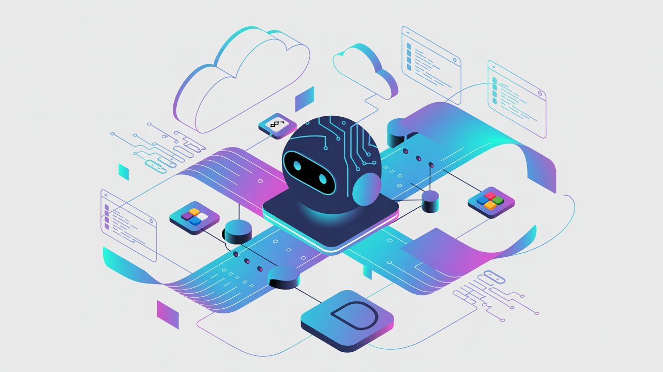 Alt text: Futuristic illustration of an AI robot in a digital landscape with holographic elements, circuit patterns, and floating cloud icons.