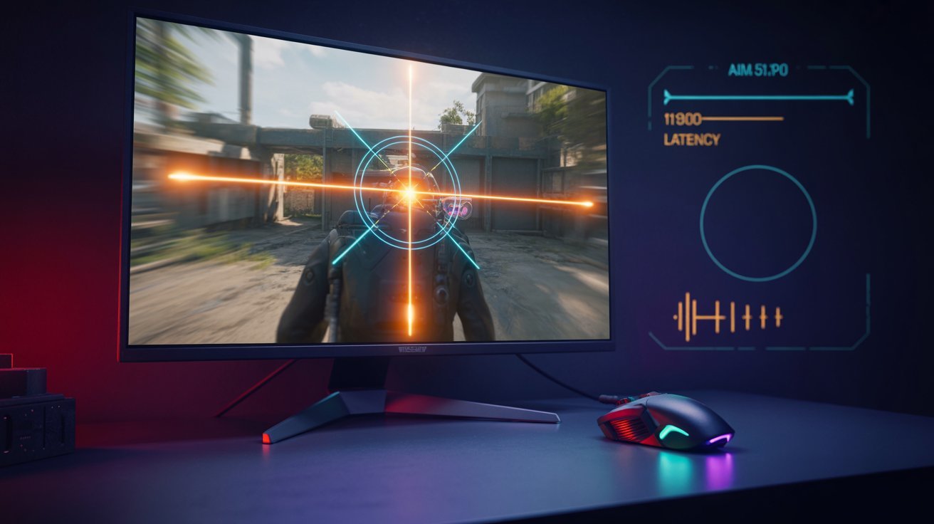 A gaming monitor displays a first-person shooting game with a crosshair target. Next to it, futuristic UI graphics show "AIM" and "LATENCY." Mood is intense.