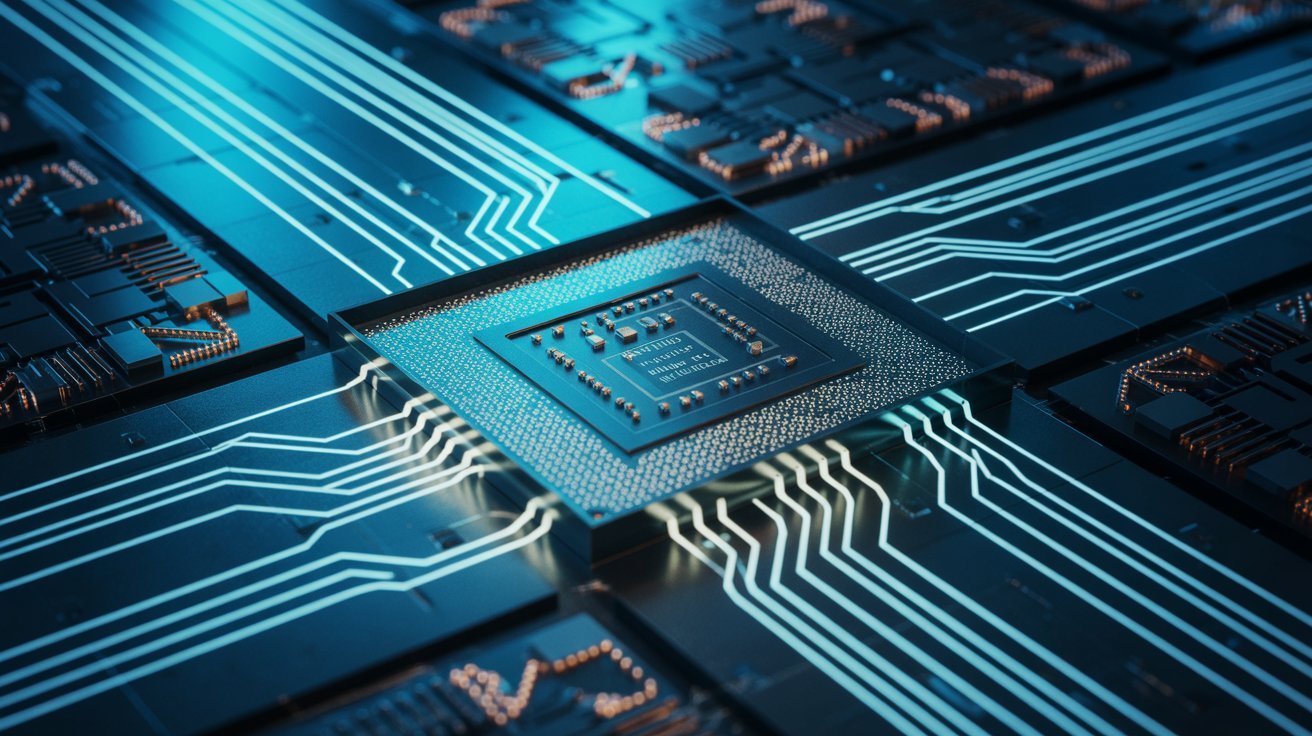 A central microchip on a circuit board is connected by glowing blue pathways. The image conveys a futuristic and technological theme.