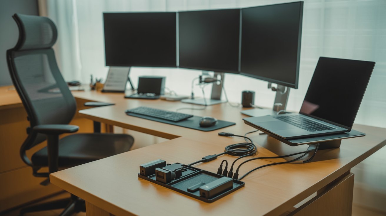 Modern office setup with a sleek desk featuring three large monitors, a laptop, ergonomic chair, and a charging station. The ambiance is tidy and professional.